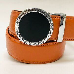 Automatic Silver Lion Designer Buckle Men's Orange Ratchet Genuine Leather Dress